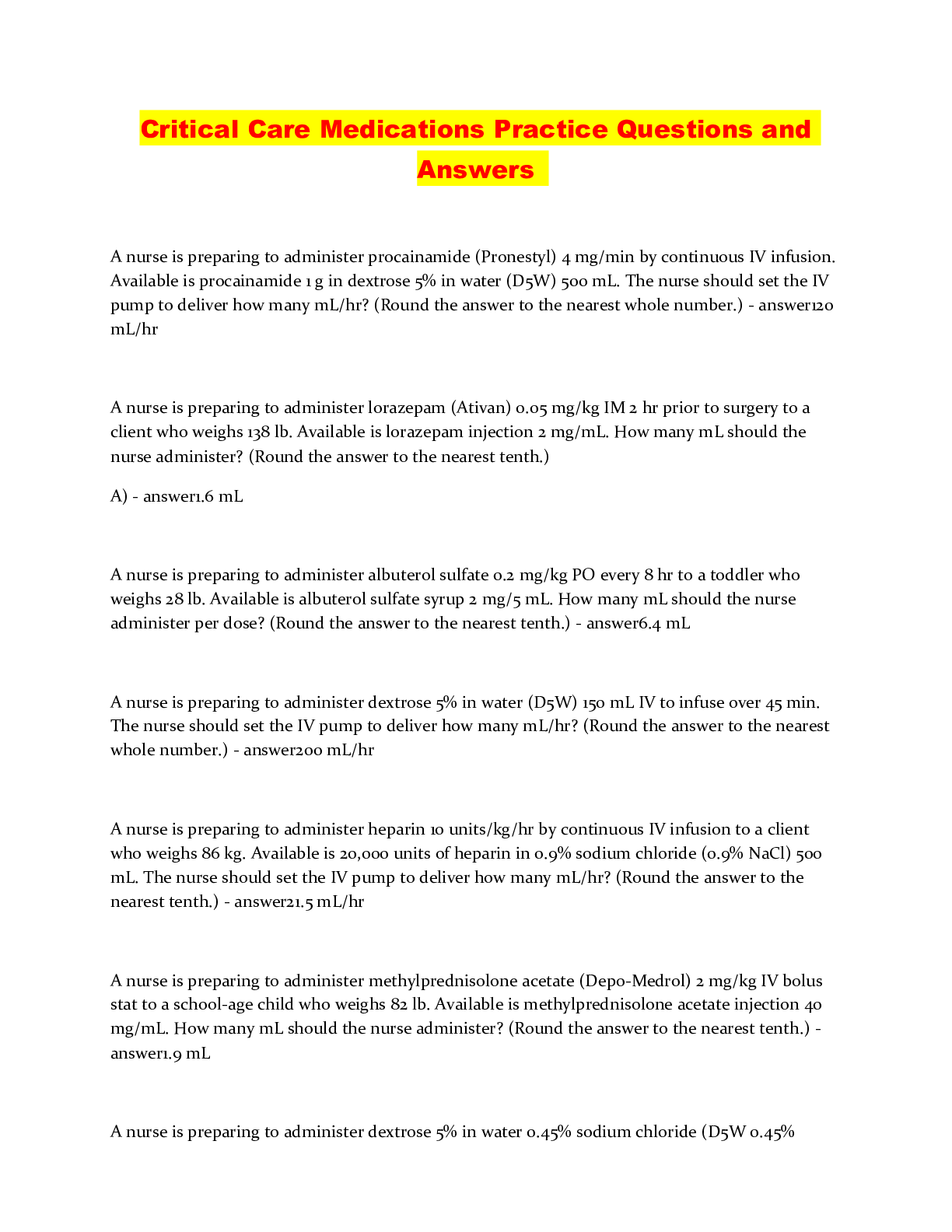 Preview of Critical Care Medications Practice Questions and Answers
